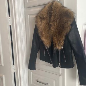 Faux leather jacket with faux fur trim